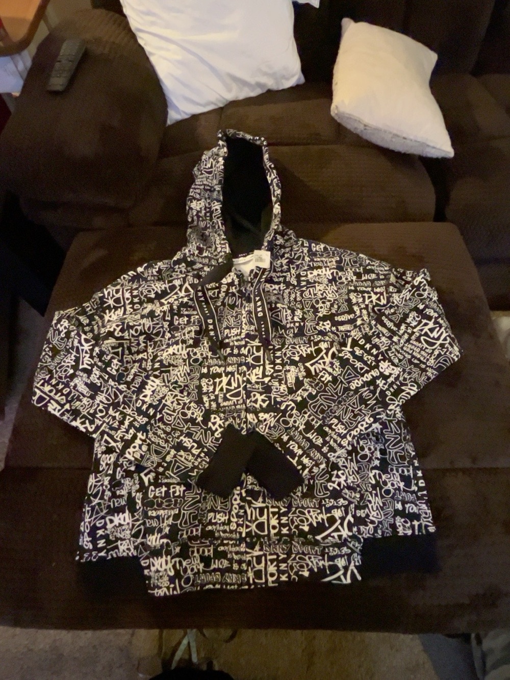 New DKNY Sport Graffiti Logo Full Zip Hoodie Black White Small